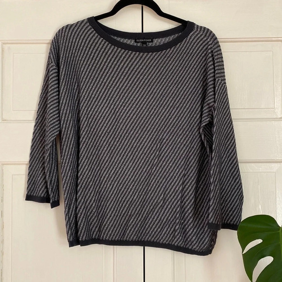 Eileen Fisher System Lightweight Tendel Top Sweater Blouse Diagonal Striped Gray - Picture 1 of 8